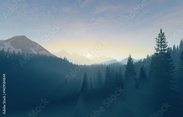 Fototapeta A Beautiful Serene Mountain Landscape at Dawn Surrounded by Misty Fog Creating a Calm Atmosphere
