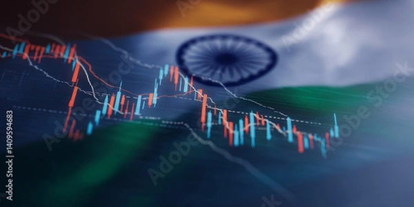 Fototapeta Indian flag with stock market candlestick graph representing economic data
