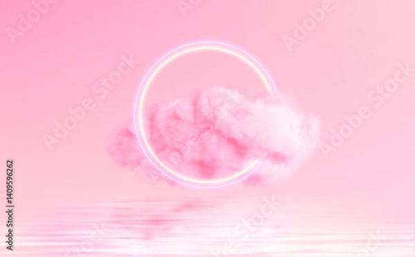 Fototapeta Abstract Neon Circle and Pink Cloud Digital Art Design. Digital illustration featuring a luminous neon circle hovering in tandem with a floating pink cloud, set against a dreamy pink toned background