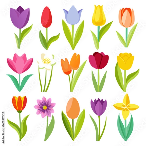 Obraz Spring bloom: Colorful flat vector flower illustration set