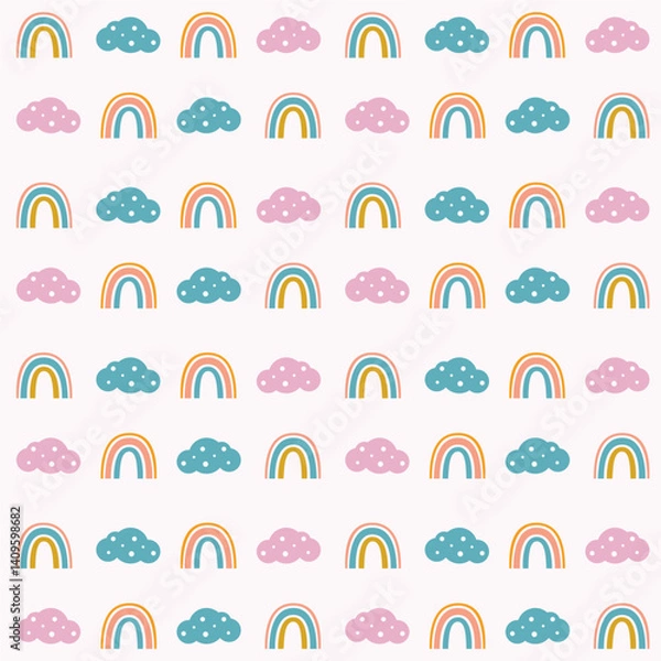 Obraz Beautiful rainbow and cloud pattern for children on a pink background.
