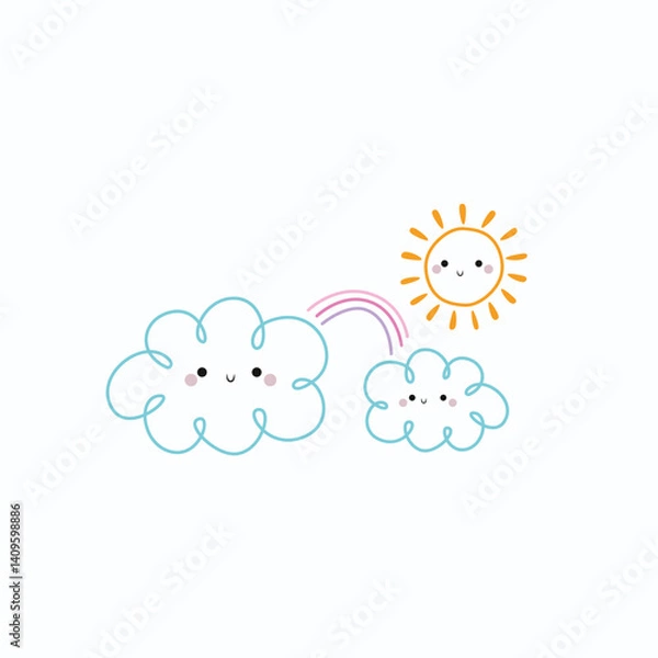 Obraz Cute kids' sun design, smiling sun and cloud outline on a clean background.