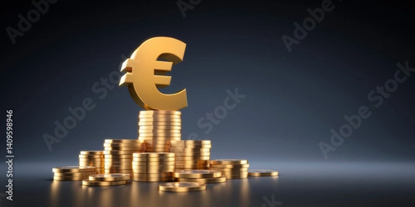 Fototapeta Euro sign on top of stack of golden coins with blue background and copy space - 3D illustration