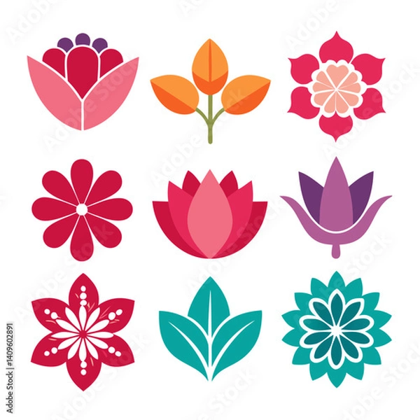 Fototapeta Abstract floral icons, vector colorful flowers, leaf illustrations