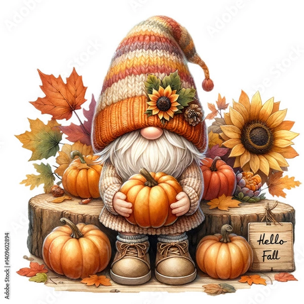 Obraz A whimsical gnome stands amidst the autumn's embrace, clutching a plump pumpkin as a symbol of the harvest season's bounty The gnome's vibrant, striped hat mirrors the colorful foliage, a testament