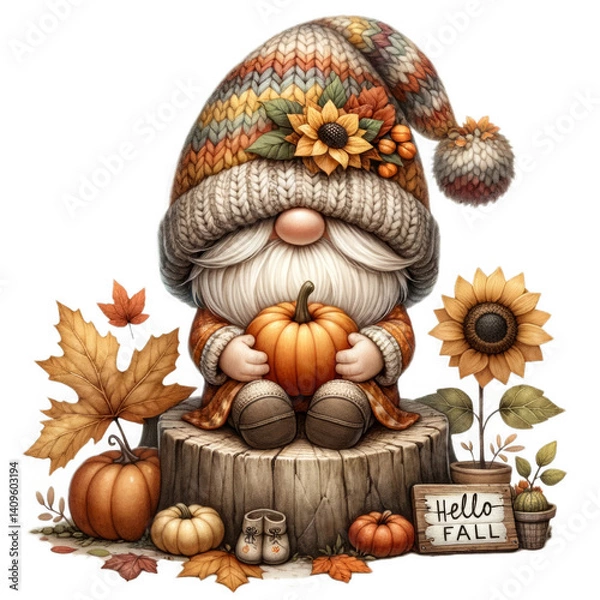Obraz Behold the autumn gnome, a whimsical harbinger of the harvest season Adorned in a knitted hat and autumnal hues, this charming character is seen nestled amongst fallen leaves and vibrant sunflowers