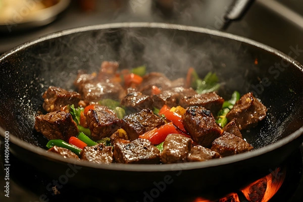 Fototapeta Sizzling beef and vegetable stir-fry in a wok.