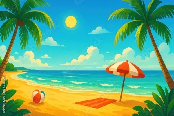 Fototapeta A vibrant cartoon-style beach scene with palm trees, a beach ball, an umbrella, and a towel under a sunny sky. Concept of: Tropical paradise.