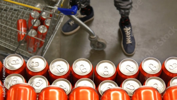 Obraz Close-up of many red cans of cola on a retail display case and a buyer's shopping trolley in front of it