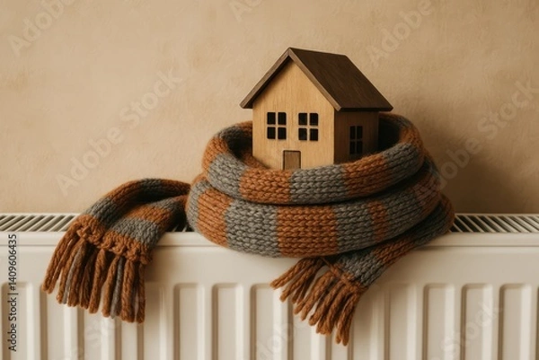 Fototapeta A small wooden house wrapped in a scarf sits on a radiator. Concept of: Energy efficiency.