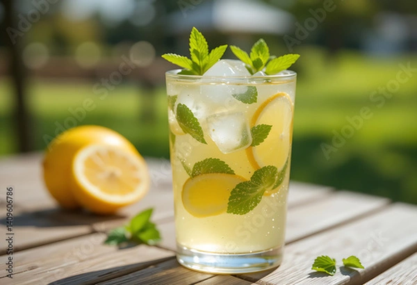 Fototapeta Refreshing Lemon Mint Spritzer: A Chilled Glass of Sparkling Drink with Lemon Slices and Fresh Mint on a Sunny Wooden Table
