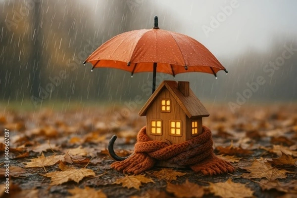 Fototapeta A small wooden house with glowing windows, wrapped in a scarf and sheltered by an orange umbrella, stands on fallen leaves in the rain.
Concept of: Home protection.
