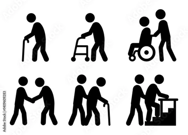 Fototapeta 介護職員が高齢者の歩行を支援するイラストセット