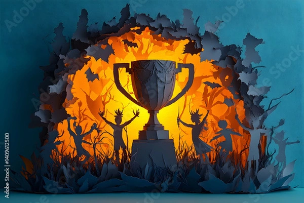 Fototapeta Paper art trophy surrounded by celebrating figures.