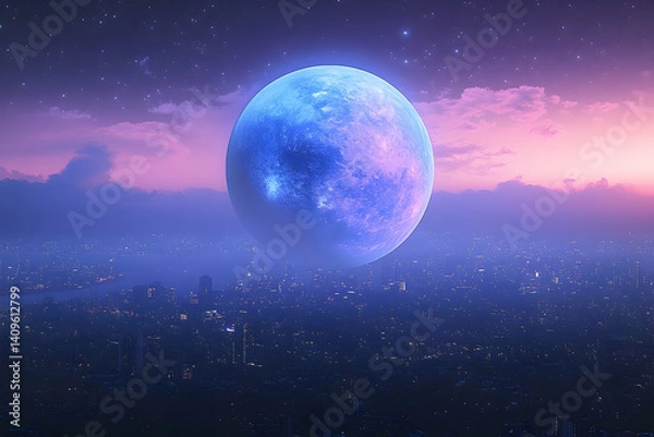 Fototapeta A colossal, vibrant blue moon hovers over a futuristic city at twilight.