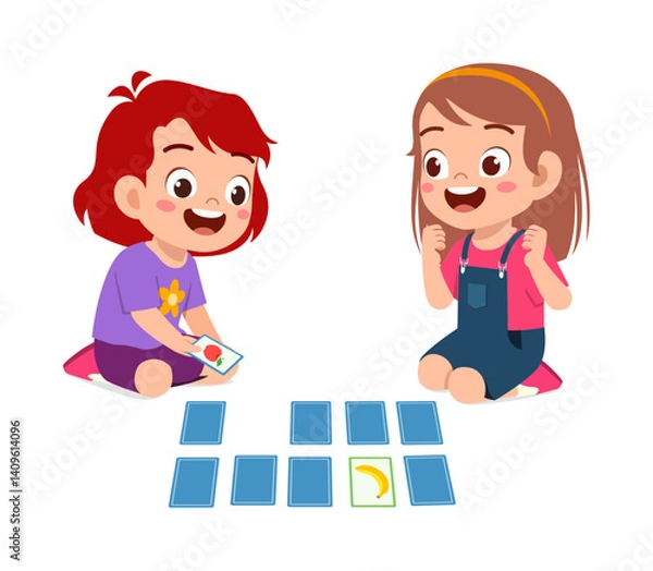 Fototapeta Two happy girls playing memory card game sitting face to face on the floor