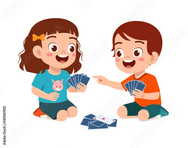 Fototapeta Happy Children Playing Card Game Together Sitting on Floor with Smiling and Laughing