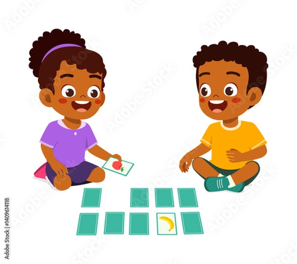 Fototapeta Two Happy Children Playing Matching Game with Cards on the Floor, Smiling and Having Fun
