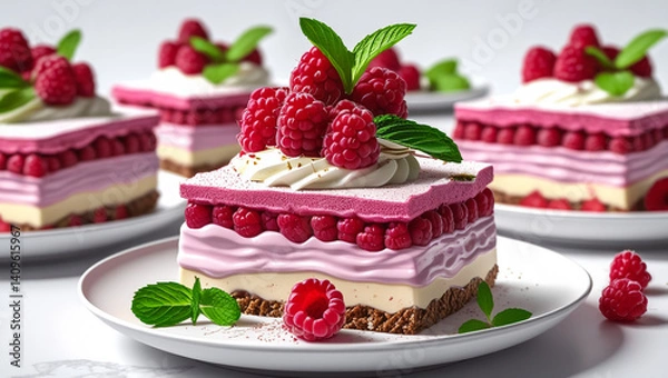 Obraz Cold cheesecake with raspberries and raspberry jam, layer. No Bake raspberries Cheese cake.