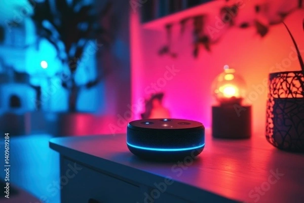 Fototapeta Smart Speaker on Desk with Colorful Ambient Lighting in Modern Room