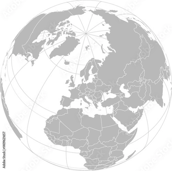 Fototapeta World vector map with country boundaries and graticules (Europe-centered view, orthographic projection, PPT-compatible & fully editable)