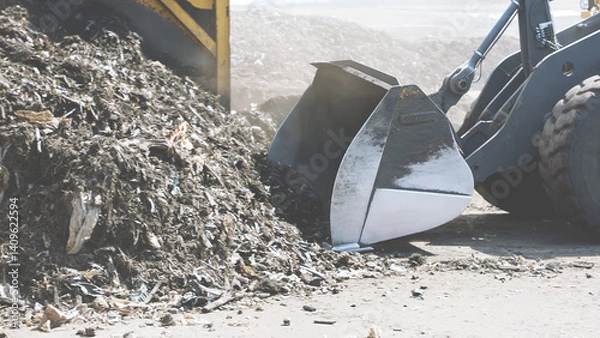 Fototapeta A bulldozer blade collecting waste at a recycling site, representing waste management, environmental sustainability, and industrial recycling processes for a cleaner future.