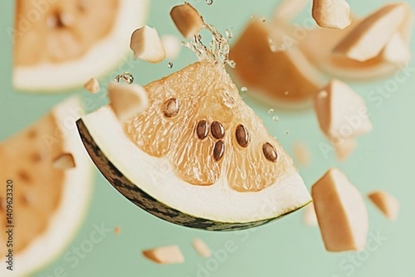 Obraz Dynamic watermelon slice splash with flying muskmelon on green background