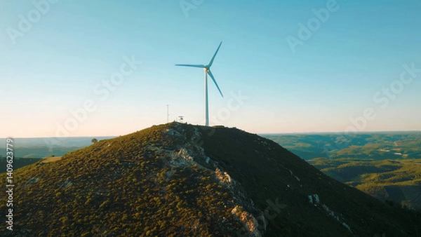 Fototapeta A wind turbine stands atop a mountain with a clear blue sky in the background, symbolizing renewable energy, clean power, and sustainable technology in a natural landscape