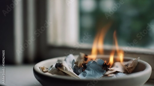 Fototapeta Burning paper in a shallow dish on a window sill with flames dancing softly, creating a blend of calmness and tension.