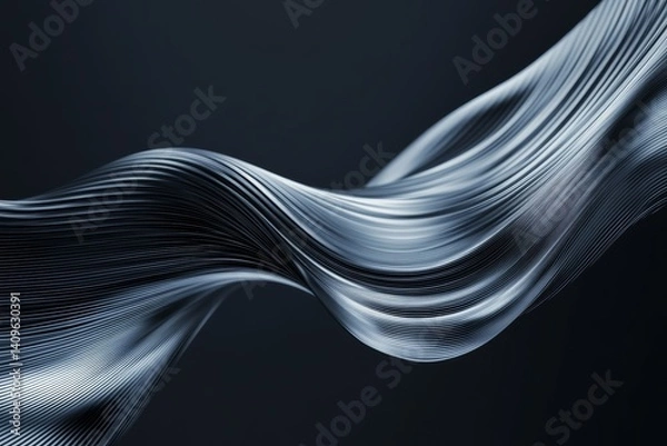 Fototapeta 3D wavy texture in metallic tones, flowing across a dark background with plenty of room for text or branding