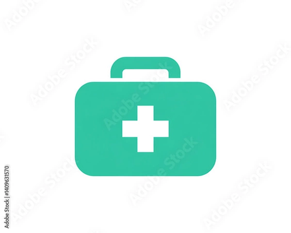 Fototapeta A teal-colored first-aid kit icon with a white cross, symbolizing medical aid.