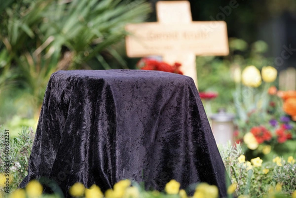 Fototapeta A pedestal covered with a black velvet cloth is ready for the placement of an urn for the burial ceremony in a cemetery in the blurred background a wooden cross and flowers