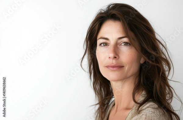 Obraz Portrait of a thoughtful woman with a natural expression on white background