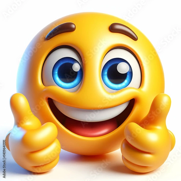 Fototapeta   A cheerful cartoon emoji face giving double thumbs up with a playful expression, wide blue eyes, raised eyebrows, and tongue sticking out. 