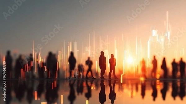 Fototapeta People Walking with Financial Graphs and Data Overlay Concept