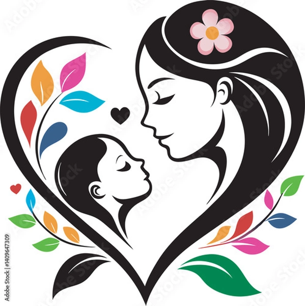 Fototapeta Heart-Shaped Mother and Child Vector with Colorful Floral Design Art & Illustration