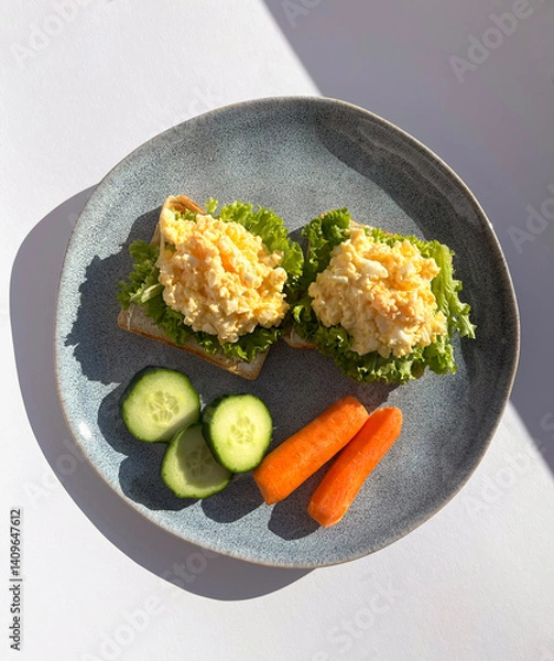 Obraz Egg salad sandwiches with cucumbers and carrots, on on a plate on a white background with shadows. Healthy breakfast