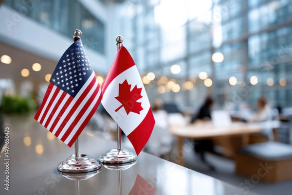 Fototapeta An USA and Canada flags displayed side by side in modern office, symbolizing equality and cooperative trading relationship