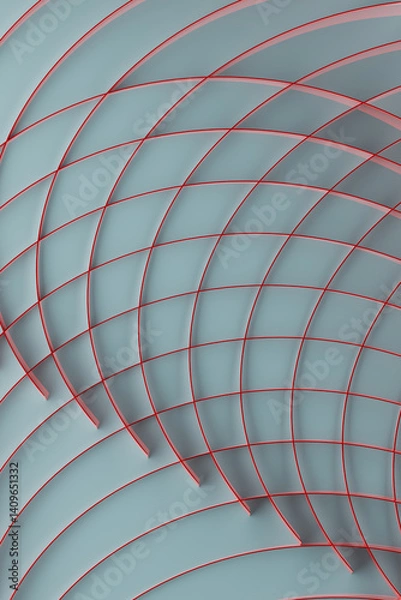 Obraz Contemporary minimalist abstract background, pattern - thin red curved stripes, grid on light grey color. 3D rendering. Geometric energy design for wallpaper in medicine, sciences, study, business.