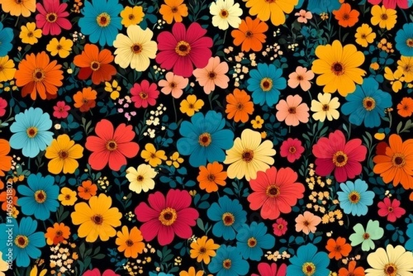 Obraz Vibrant seamless floral pattern featuring colorful cosmos flowers on a dark background, creating a cheerful and lively design