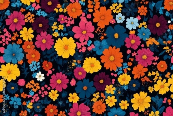 Fototapeta Vibrant seamless pattern featuring colorful flowers on a dark background, creating a cheerful and lively design