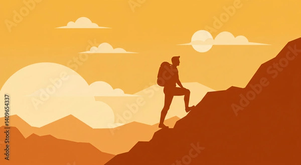 Fototapeta silhouette of a man climbing mountain, summit, 2d, graphics design, illustration