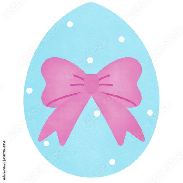 Fototapeta Ester egg in blue with a pink bow, watercolor, isolated on transparent background