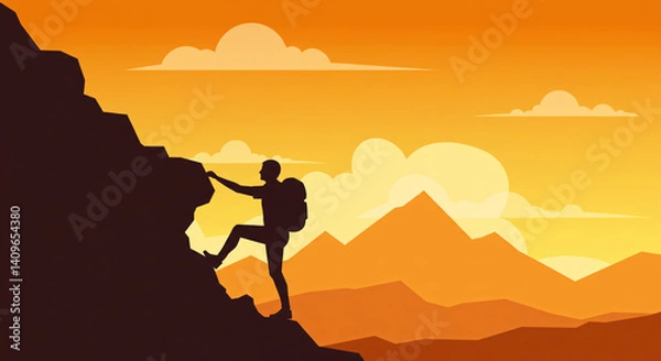 Fototapeta silhouette of a man climbing mountain, summit, 2d, graphics design, illustration