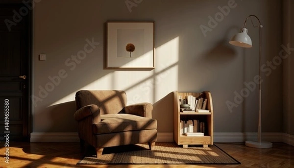 Fototapeta Cozy armchair with sunlight casting shadows in a minimalist room  