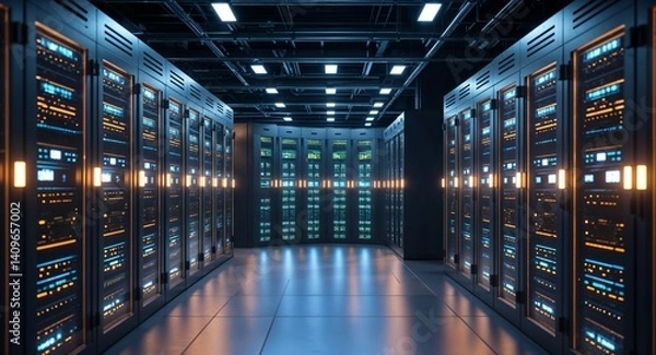 Obraz A data center for a government agency with glowing server racks and high tech displays cinematic view background 