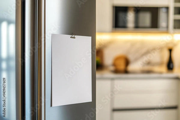 Obraz Blank note on a modern kitchen fridge a simple reminder