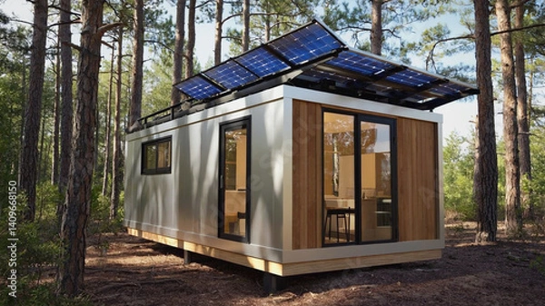 Obraz Off-Grid Living: Modern Tiny Home Powered by Solar Panels in Natural Forest