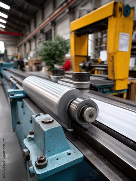 Fototapeta Motion blur of sheet metal rolling through press in factory setting, showcasing industrial machinery and production