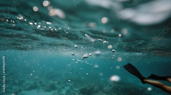 Fototapeta A swimmer’s flipper gracefully glides through clear blue water, capturing the refreshing essence and fluid motion of a swimmer underwater.